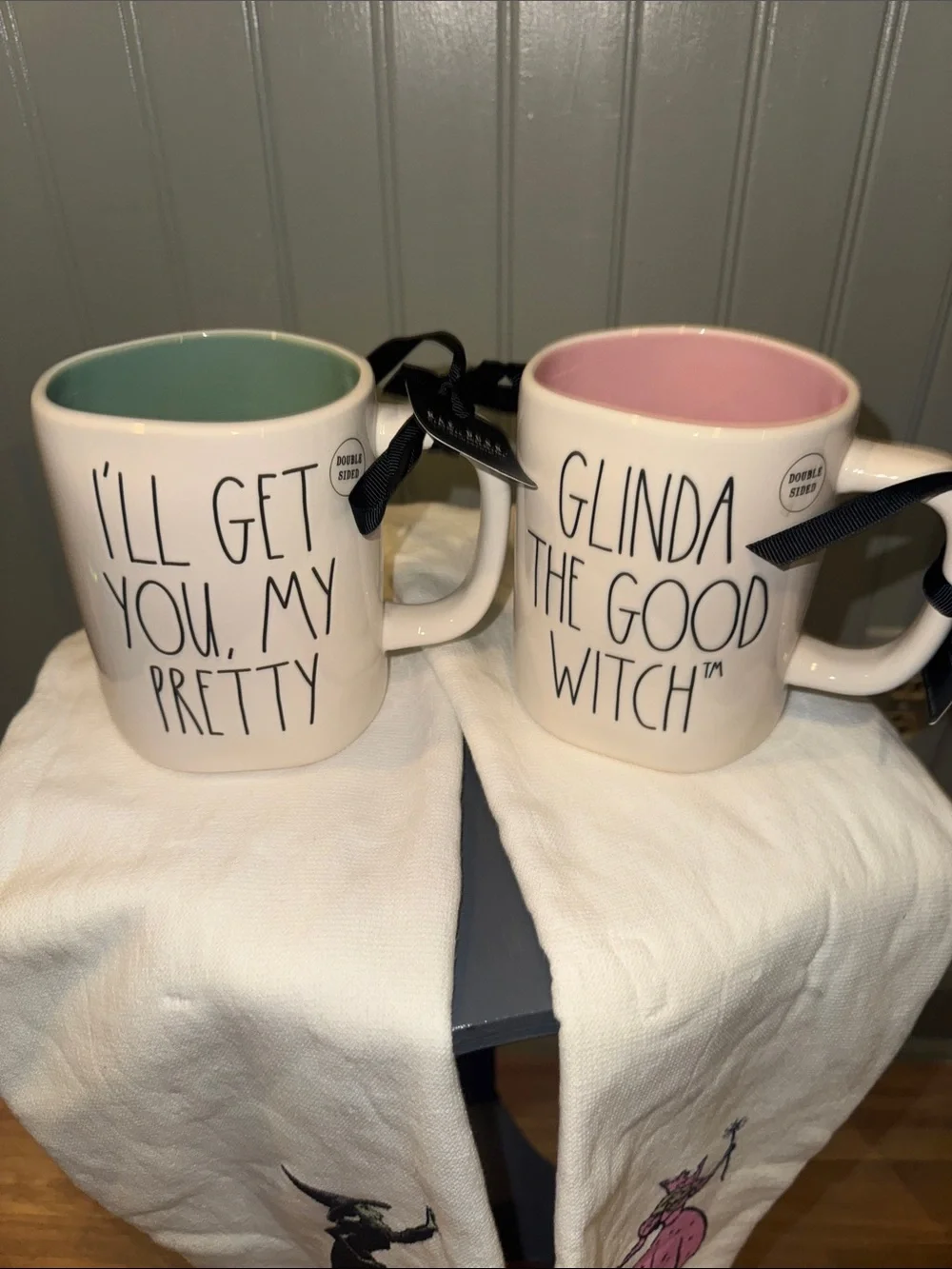 Rae Dunn Glinda good Witch & Wicked witch Mug Set w/ Matching Towels